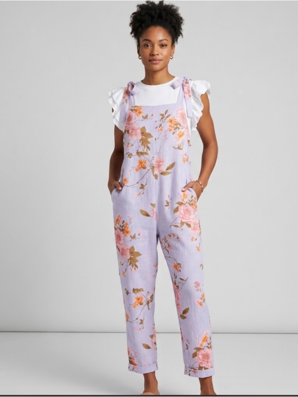 MARBLE Lavender Floral Tie-Shoulder Linen-Blend Jumpsuit